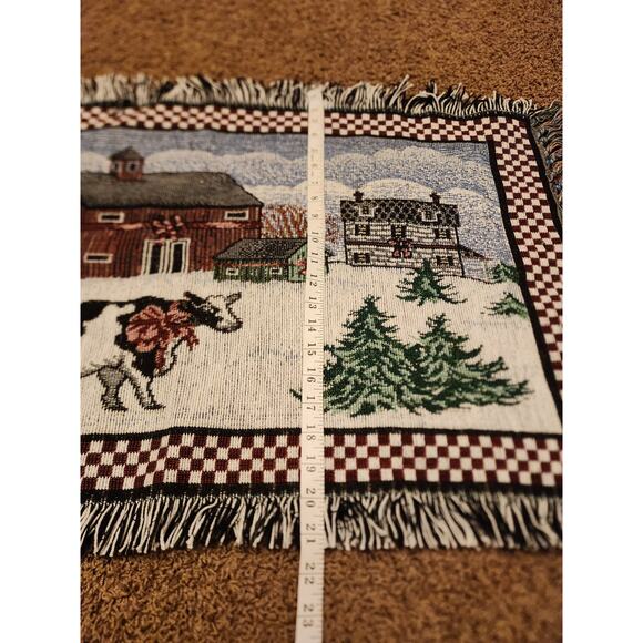 Vintage Tapestry Rug Country Christmas Cow Barn Rustic Farmhouse Table 20x36 - Picture 7 of 11
